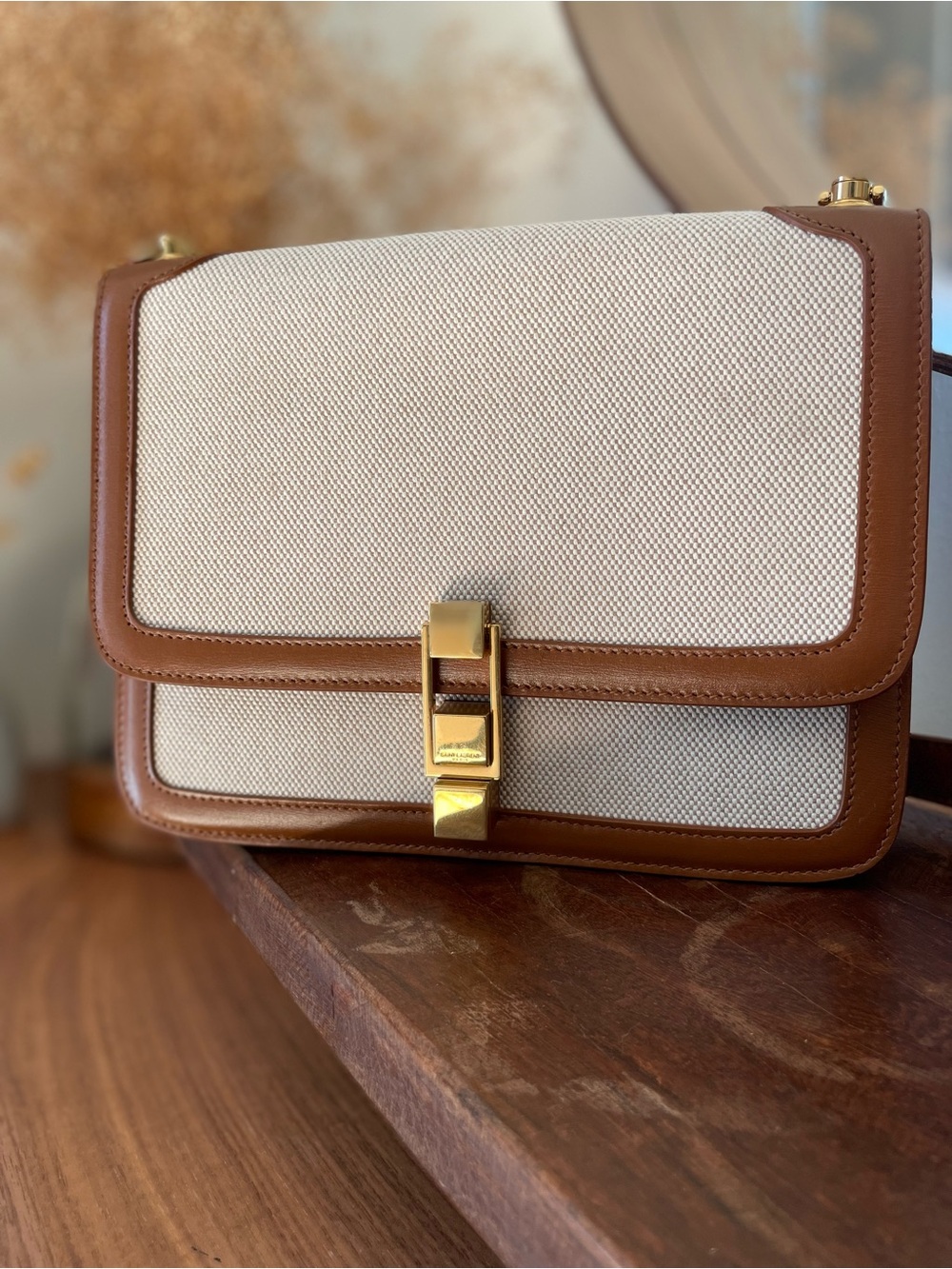 Saint Laurent Carré Canvas Satchel Crossbody Bag – Beige Canvas & Cognac Leather - Picture 2 of 11